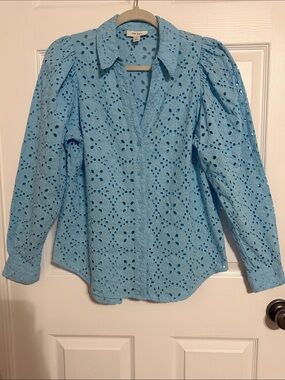 On 34th Light Blue Eyelet Button-Up Blouse